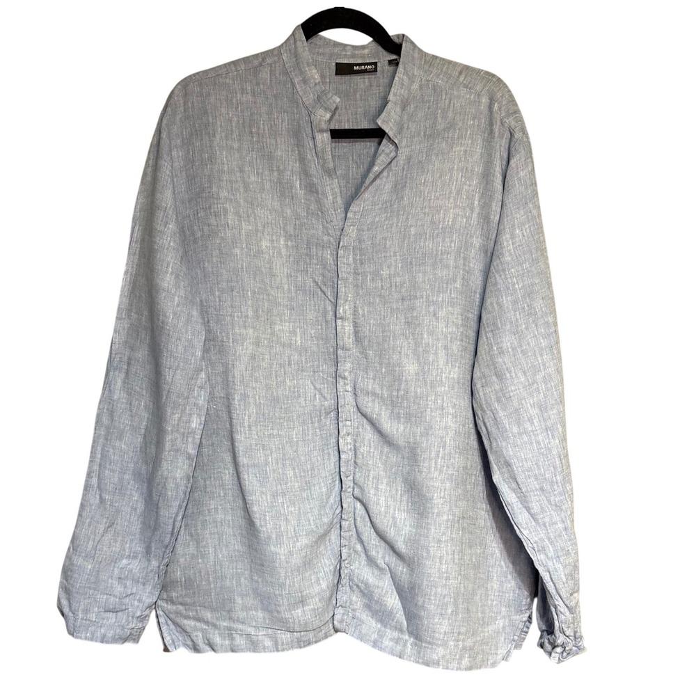 Murano Liquid Linen Shirt‎ Mens Large Light Blue Band Collar Long Sleeve 3147